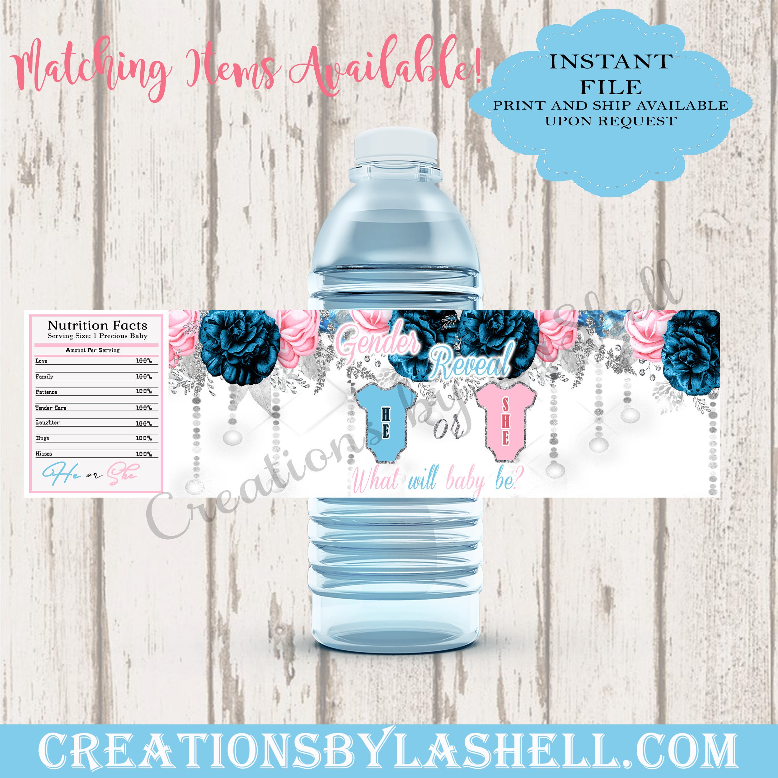 Gender reveal water bottle labels He or She theme Instant Etsy