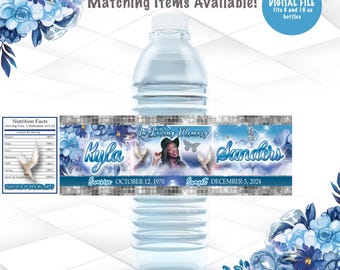 Funeral Water Bottle Labels Printable | Memorial Labels Digital File | Celebration of Life Favors | BLUE | MEM2