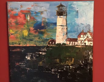 Acrylic Lighthouse painting impasto palette knife