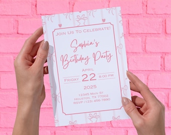 Pink Bow Birthday Invitation | Pink Coquette Bow Invite Template | Pink Bows Hearts Invitation Editable Template | Trendy Party