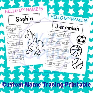 Puede incluir: Hoja de trabajo imprimible para trazar los nombres Sophia y Jeremiah. La hoja de trabajo incluye líneas punteadas para trazar los nombres, así como una ilustración de unicornio e imágenes de pelotas de deporte.