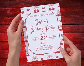 May include: A white birthday party invitation with a red cherry and heart pattern. The invitation reads "Sophia's Birthday Party" with the date, time, and location details. The invitation is held by two hands.