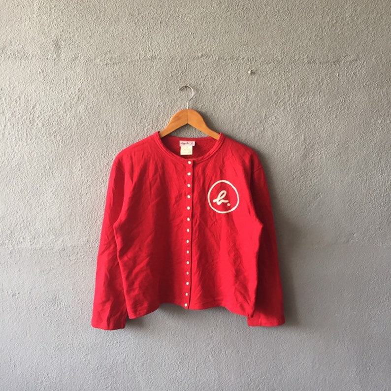 Vintage 90s Agnes B big Logo Printed Cardigan Snap Button Agnes B Jumper Agnes B Red Colour Size M