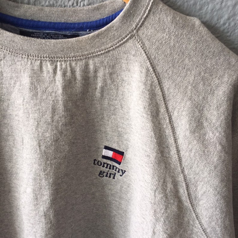 Vintage 90s Tommy Hilfiger Small Logo Embroidery Sweatshirt Crewneck Tommy Girl Pullover Grey And Red Colour Size M