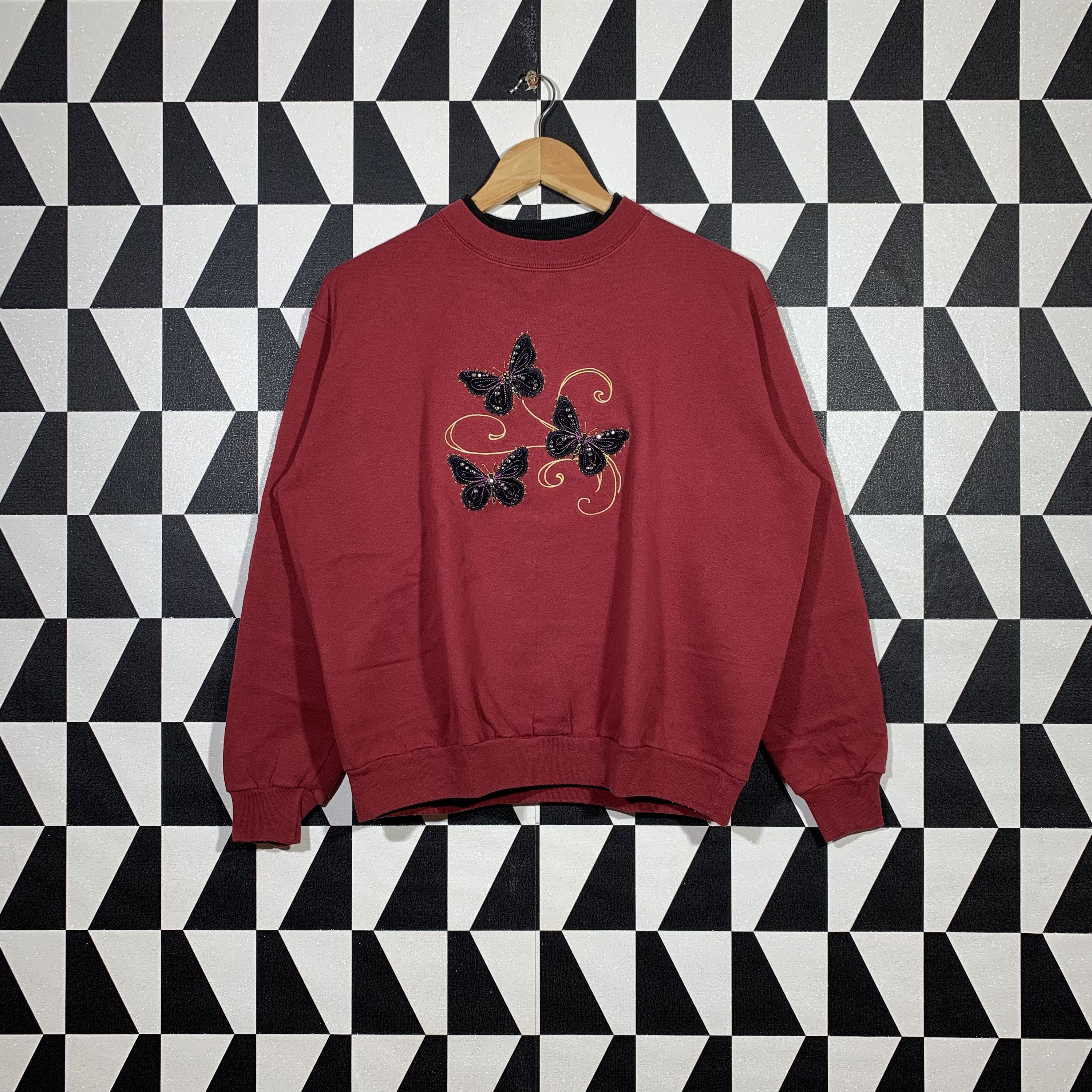 Vintage 90s Morning Sun Butterfly Sweatshirt Butterfly Crewneck Butterfly Sweater Embroidery Logo Red Color Women’s M