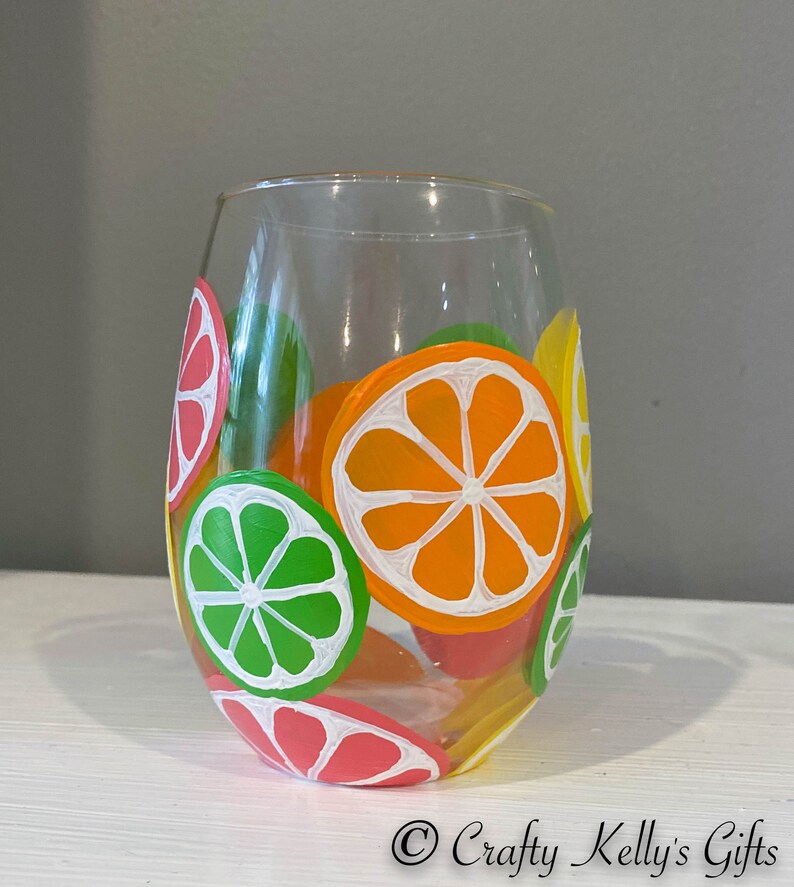 Hand Painted Citrus Wine Glass Fruit Wine Glass Summer Wine Etsy