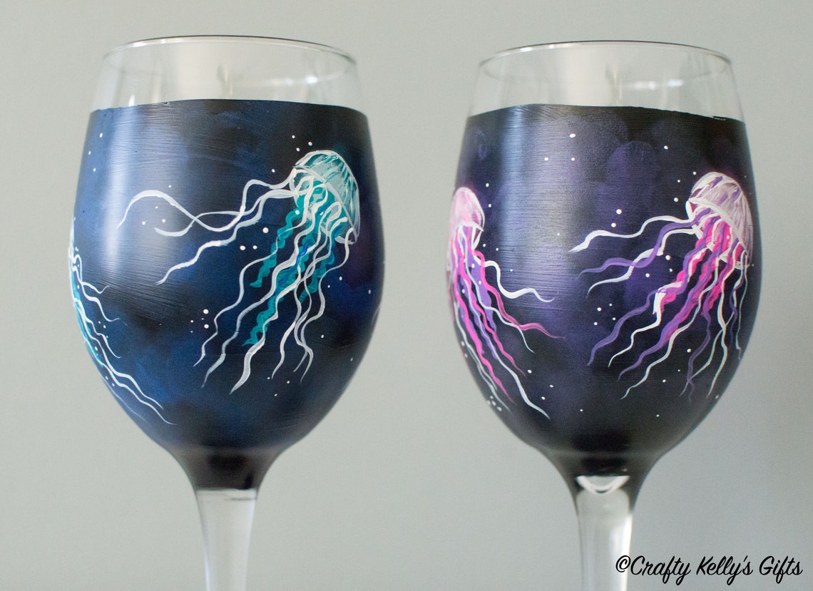 Hand Painted Jellyfish Wine Glass 21st Birthday Gift For Her Etsy