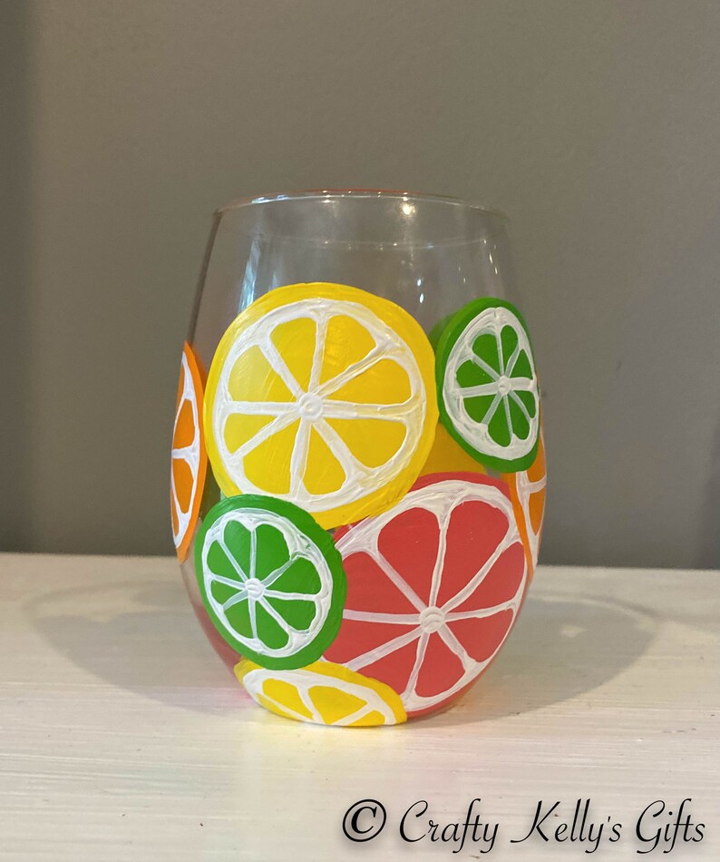 Hand Painted Citrus Wine Glass Fruit Wine Glass Summer Wine Etsy