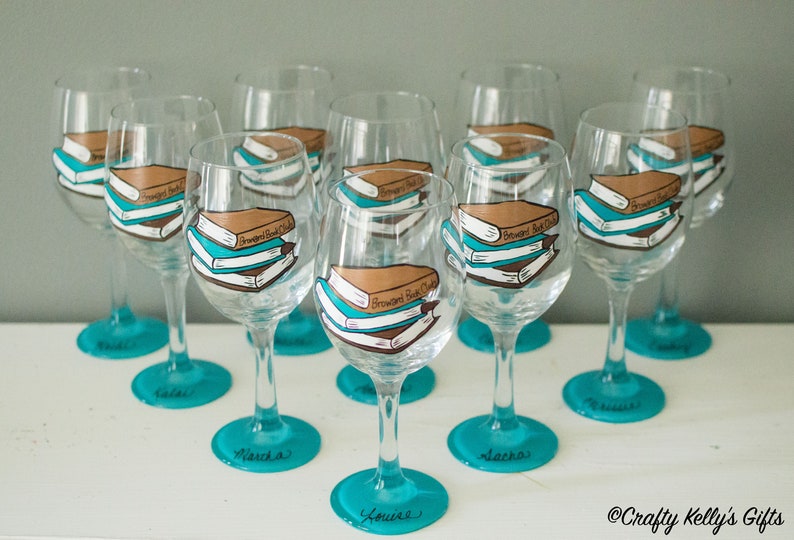 Hand Painted Book Club Wine Glass Book Club Gift Book Lover image 0