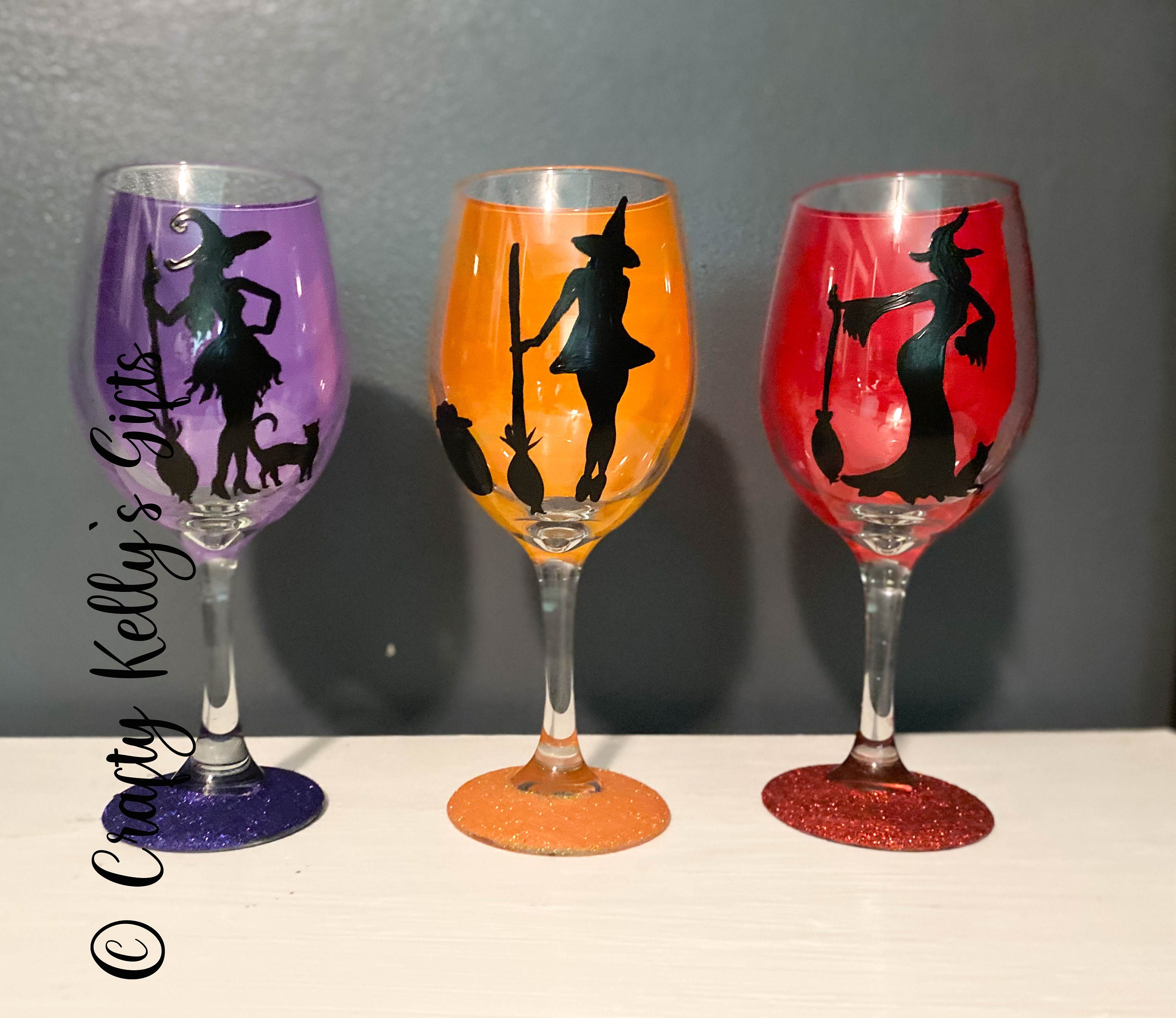 Hand Painted 3D Halloween Witch Wine Glass Sexy Witch Glitter