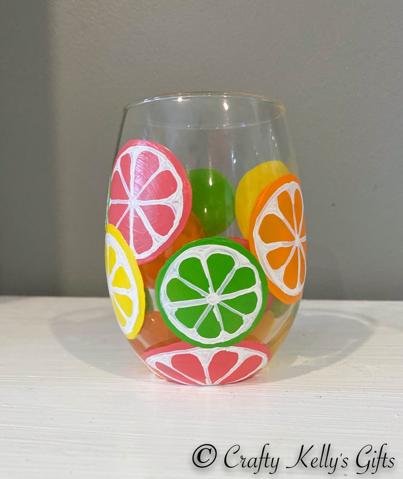 Hand Painted Citrus Wine Glass Fruit Wine Glass Summer Wine Etsy