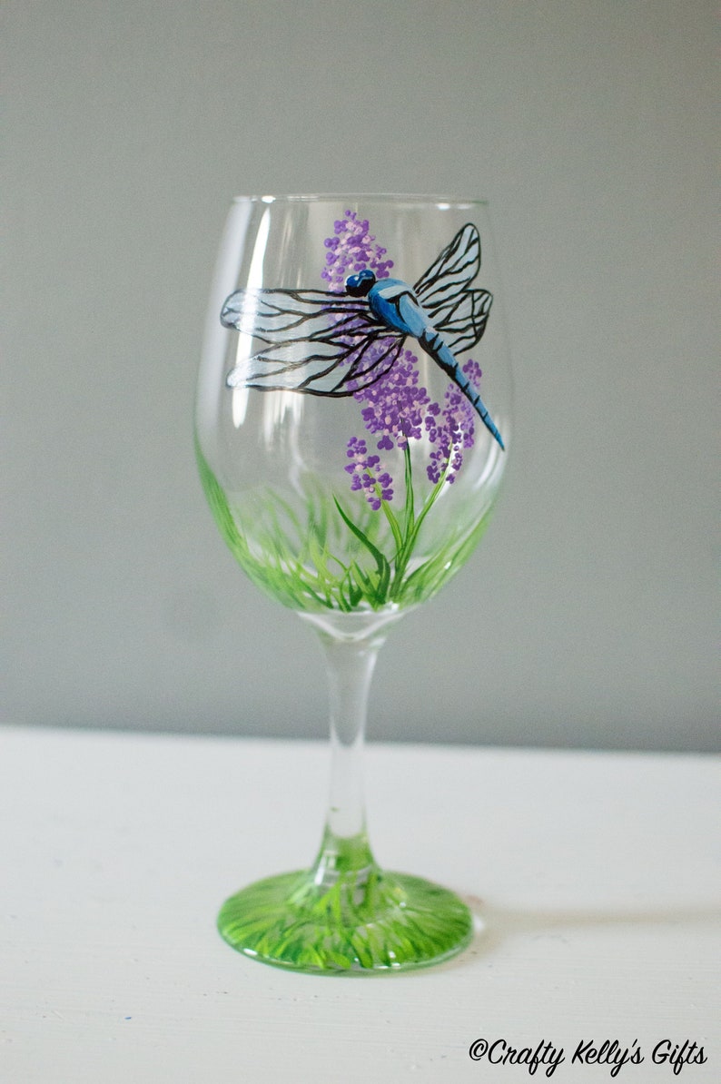 Hand Painted Dragonfly Wine Glass 21st Birthday Gift For Her Image 0