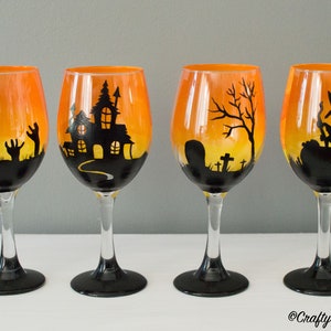 Hand Painted 3D Halloween Wine Glass, Fall Wine Glass Gift For Halloween, Halloween Decor, Halloween Wedding Favors, Halloween Silhouettes