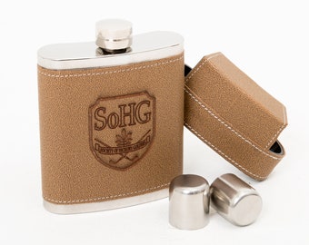 Leather Wrapped Stainless Flask with 3 "SHOT" Cups - 7 ounce, Leather Gifts, Leather Flask, Shot Glasses, Groomsmen Gifts, Personalization