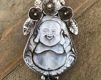 Handcrafted Mother of Pearl Buddha Pendant: Tibetan Silver & Turquoise