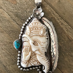 Bone carved Ganesh pendant set with turquoise, floral silver, handcrafted, Nepalese, Tibetan repousse silver, Himalayan, 92X50 mm
