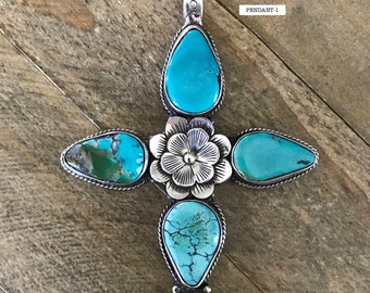 Natural turquoise cross pendant, handcrafted, Nepalese, Tibetan repousse silver, 107X68 mm