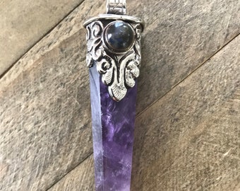 Amethyst point pendant set with labradorite, handcrafted, Nepalese, Tibetan repousse silver, 87X18 mm
