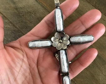 Large pearl cross pendant, handcrafted, Nepalese, Tibetan repousse silver, 109X71 mm