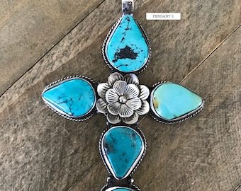 Large turquoise cross pendant, handcrafted, Nepalese, Tibetan repousse silver, 112X75 mm