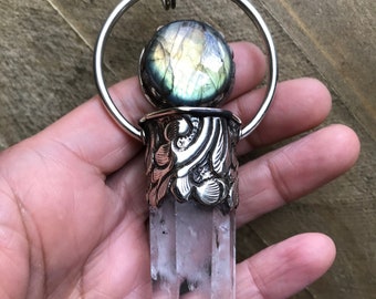 Crystal point pendant set with labradorite, handcrafted, Nepalese, Tibetan repousse silver, 109X24 mm