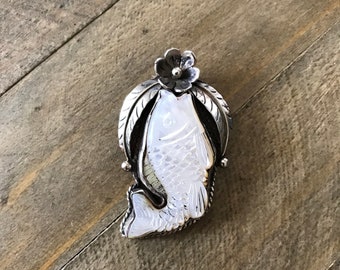 Mother of pearl fish pendant, handcrafted, Nepalese, Tibetan repousse silver, Himalayan, 48X27 mm