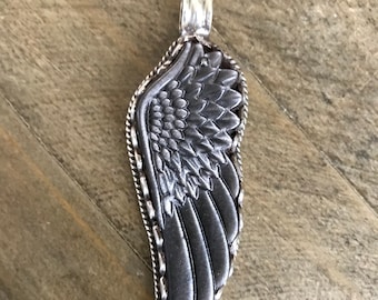 Hematite feather pendant, handcrafted, Nepalese, Tibetan repousse silver, 74X27 mm