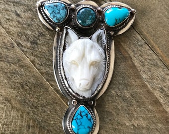 Bone carved wolf pendant set with turquoise, handcrafted, Nepalese, Tibetan repousse silver, 79X46 mm