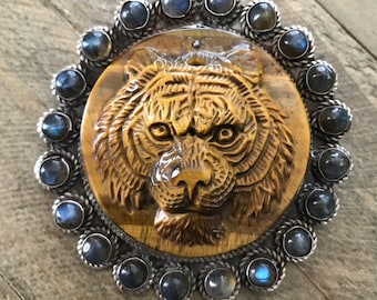 Tigereye Carved Tiger Pendant: Labradorite Tibetan Silver, 67x69mm