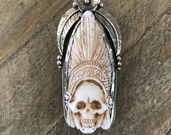 Bone skull pendant, handcrafted, Nepalese, Tibetan repousse silver, 80X37 mm