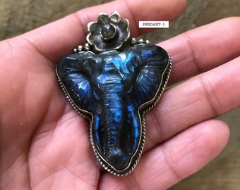 Labradorite carved elephant pendant set with labradorite, handcrafted, Nepalese, Tibetan repousse silver, 54X40 mm