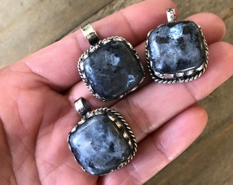Larvikite pendant, handcrafted, Nepalese, Tibetan repousse silver, Himalayan, 31X22 mm