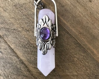 Rose quartz point pendant set with amethyst, handcrafted, Nepalese, Tibetan repousse silver, 67X15 mm