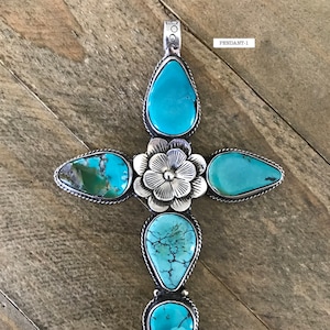 Natural turquoise cross pendant, handcrafted, Nepalese, Tibetan repousse silver, 107X68 mm