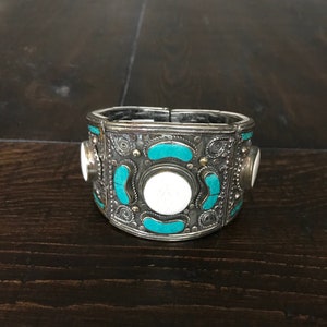 Hinged cuff bracelet set with Naga shell and turquoise , handcrafted , Nepalese, Tibetan, Himalayan, one of a kind