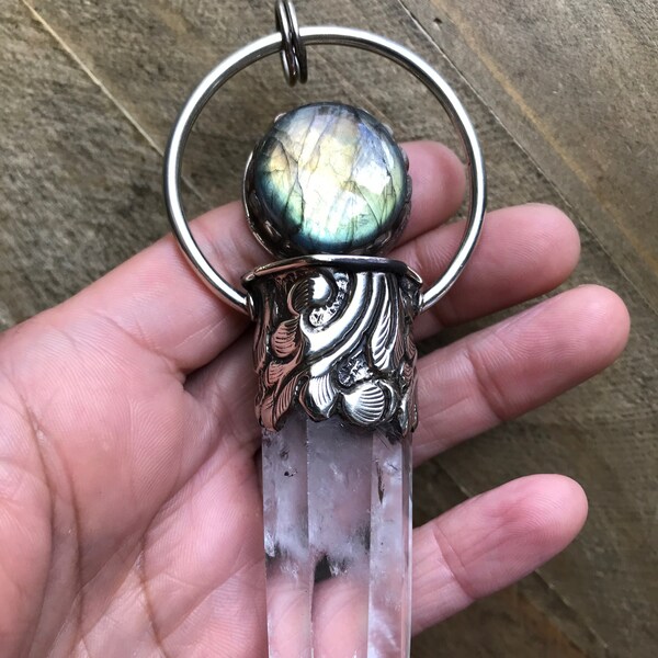 Crystal point pendant set with labradorite, handcrafted, Nepalese, Tibetan repousse silver, 109X24 mm