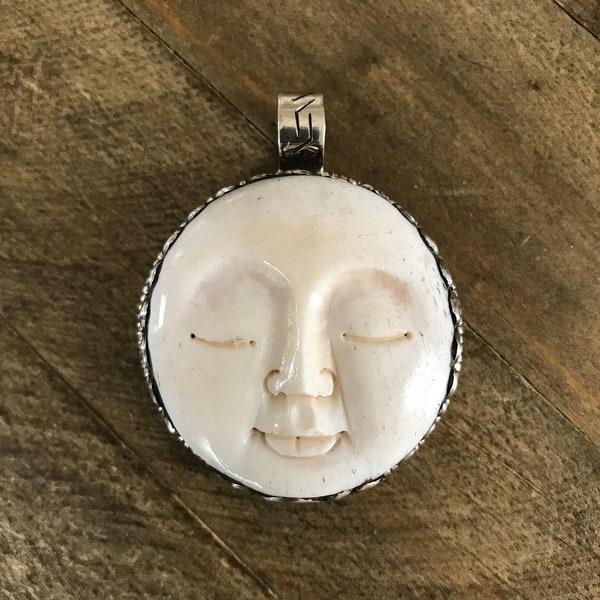 Bone carved moon face pendant, handcrafted, Nepalese, Tibetan repousse silver, 58X48 mm