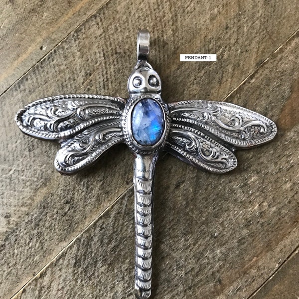 Dragonfly pendant set with moonstone, handcrafted, Nepalese, Tibetan repousse silver, 79X77 mm