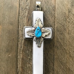 Bone cross pendant set with turquoise, handcrafted, Nepalese, Tibetan repousse silver, 98X39 mm