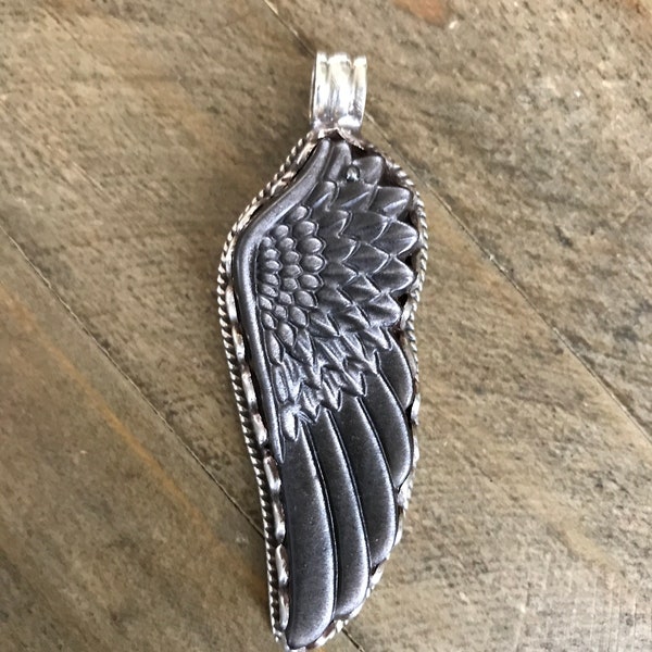 Hematite feather pendant, handcrafted, Nepalese, Tibetan repousse silver, 74X27 mm