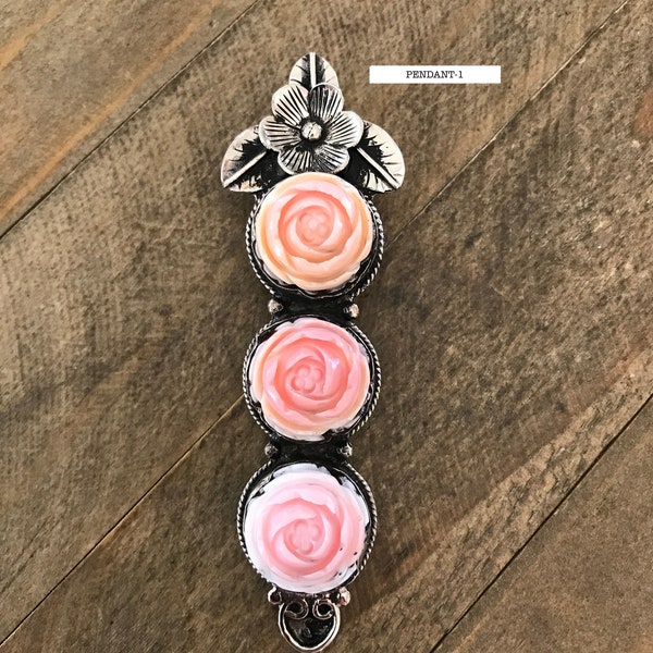 Three shell rose pendant, handcrafted, Nepalese, Tibetan repousse silver, 91X22 mm