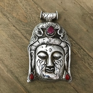 Large  buddha pendant in sterling silver set with raw ruby and red resin, handcrafted, Nepalese, Tibetan, Himalayan, 99X62 mm