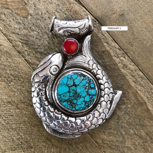 Round fish pendant set with  turquoise and red bamboo coral, handcrafted, Nepalese, Tibetan, Himalayan, 65X53 mm