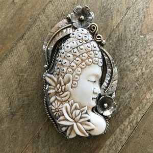 Bone carved buddha pendant, handcrafted, Nepalese, Tibetan repousse silver, 78X46 mm