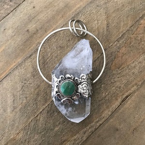Large natural rough crystal point pendant set with turquoise, handcrafted, Nepalese, Tibetan repousse silver, Himalayan crystal, 88X38 mm