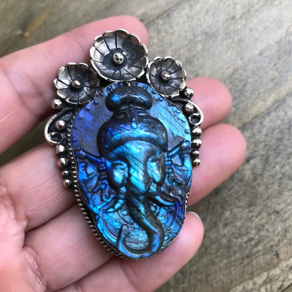 Labradorite carved Ganesh pendant, handcrafted, Nepalese, Tibetan repousse silver, 55X40 mm