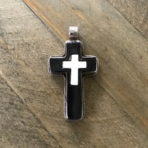 Bone cross pendant set with small shell cross, handcrafted, Nepalese,Tibetan repousse silver, 65X36 mm