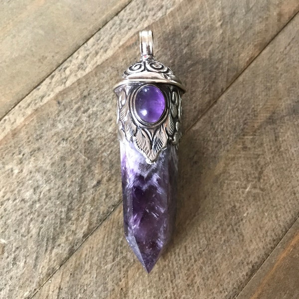 Amethyst point pendant set with amethyst, handcrafted, Nepalese, Tibetan repousse silver, 76X22 mm