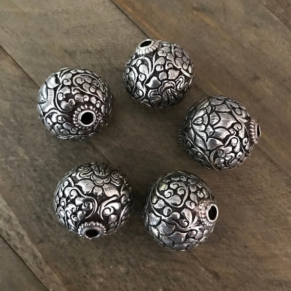 This listing is for one bead, Large floral beads, Tibetan repousse silver, handcrafted, Nepalese, 28X27 mm