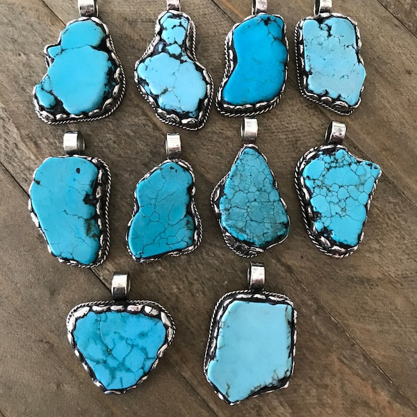 Turquoise pendant, handcrafted, Nepalese, Tibetan repousse siver, Himalayan